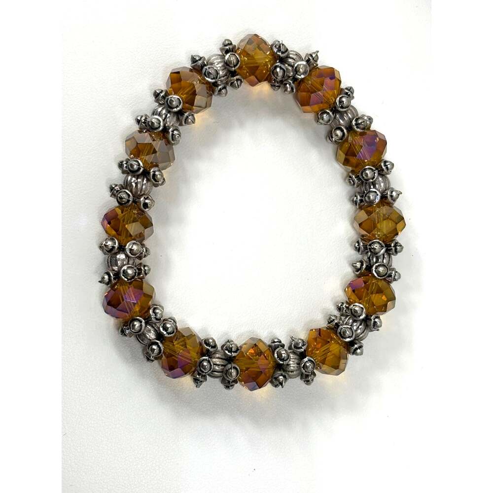 Vintage Topaz Amber Aurora Borealis Crystal Stretch Bracelet Ornate Bali Pewter